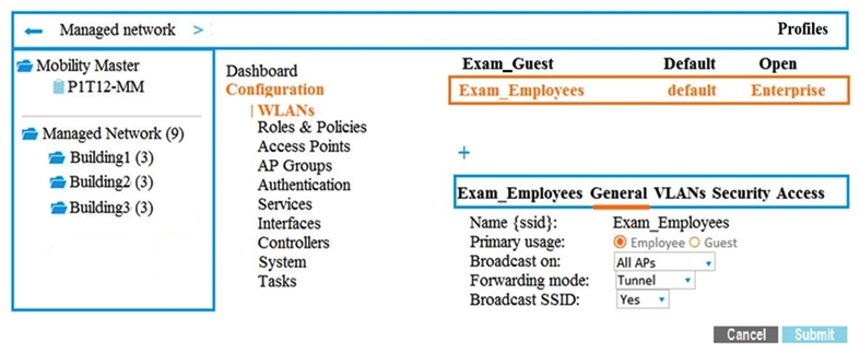 Exhibit 1   Exhibit 2   A company has an Aruba Mobility Master (MM) -based solution and needs a new WLAN for the corporate campus. A network administrator completes the creation of this WLAN, as shown in Exhibit 1. When administrators try to test a connection to the WLAN, the WLAN does not show up in the list of WLANs on the client. The administrator can see the WLAN in the list, as shown in Exhibit 2. What is the error? A)  The configuration is not deployed. B)  The WLAN is configured at a lower level in the Managed Network hierarchy. C)  The Mobility Master (MM)  does not have an active PEFNG license. D)  The WLAN is configured as a hidden SSID.