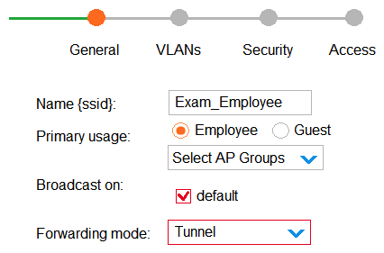   What describes the behavior for this WLAN? A)  No APs broadcast the SSID. Clients cannot connect to the WLAN until administrators activate it. B)  APs in the default group broadcast the SSID. Clients can connect to the WLAN on APs in any group. C)  No APs broadcast the SSID. Clients can connect to the WLAN on APs in the default group only. D)  APs in the default group broadcast the SSID. Clients can connect to the WLAN on APs in the default group only.