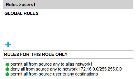 Refer to the exhibits. Exhibit 1   Exhibit 2   A company has an Aruba solution. Client 1 is assigned to the users1 role, and Client 2 is assigned to the users2 role. The exhibits show current firewall rules for those roles. The network1 alias used to be 10.1.1.0/24, but the network administrator now changes the network1 alias to 172.16.1.0/24. Client 1 and Client 2 both then send a packet destined to 172.16.1.10. How does the firewall handle these packets? A)  It denies both packets. B)  It denies the packet from Client 1 and permits the packet from Client 2. C)  It permits both packets. D)  It permits the packet from Client 1 and denies the packet from Client 2.
