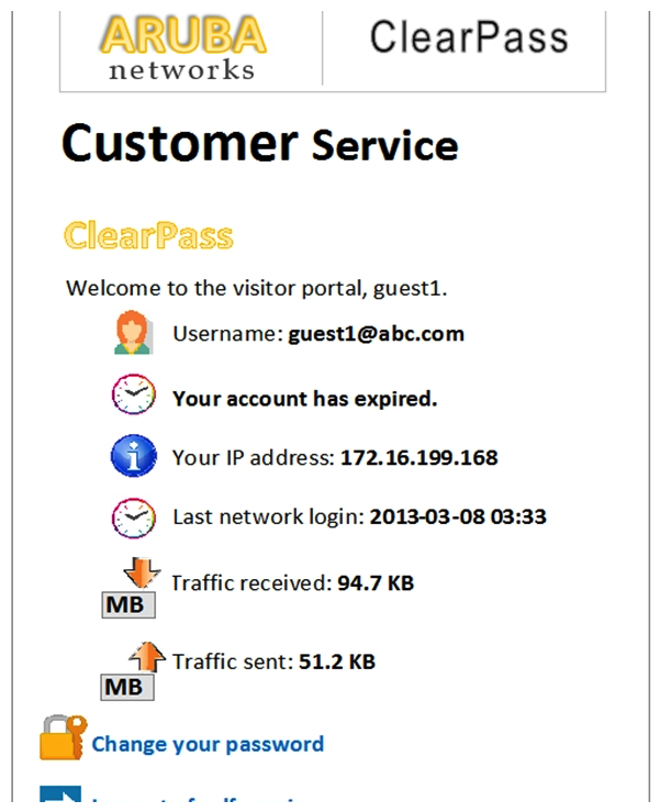 Refer to the exhibit.   A user logged in to the Self-Service Portal as shown. What does the traffic received and sent statistics present? A)  These show the total amount of traffic the guest transmitted, as seen through RADIUS CoA packets from the NAD to ClearPass. B)  These show the total amount of traffic the NAD transmitted to ClearPass, as seen through RADIUS accounting messages from the NAD to ClearPass. C)  These show the total amount of traffic the guest transmitted after account expiration, as seen through RADIUS accounting messages sent from the NAD to ClearPass. D)  These show the total amount of traffic the guest transmitted, as seen through RADIUS CoA packets from the client to ClearPass. E)  These show the total amount of traffic the guest transmitted, as seen through RADIUS accounting messages sent from the NAD to ClearPass.