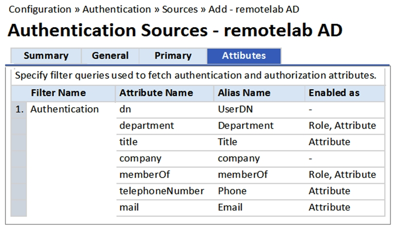 Refer to the exhibit.   Based on the Attribute configuration shown, which statement accurately describes the status of attribute values? A)  The attribute values of department, title, memberOf, telephoneNumber, mail are directly applied as ClearPass roles. B)  The attribute values of department and memberOf are directly applied as ClearPass roles. C)  Only the attribute value of company can be used in role mapping policies, not other attributes. D)  Only the attribute value of department and memberOf can be used in role mapping policies. E)  Only the attribute value of title, memberOf, telephoneNumber can be used in role mapping policies.