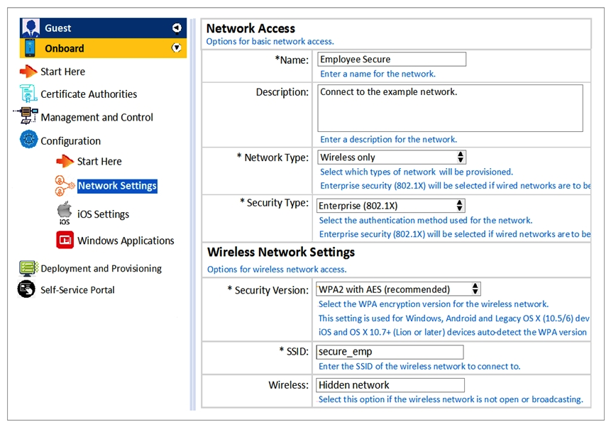 Refer to the exhibit.   Which statements accurately describe the status of the Onboarded devices in the configuration for the network settings shown? (Choose two.)  A)  They will use WPA2-PSK with AES when connecting to the SSID. B)  They will to Employee_Secure SSID for provisioning their devices. C)  They will to Employee_Secure SSID after provisioning. D)  They will perform 802.1 authentication when connecting to the SSID. E)  They will connect to secure_emp SSID after provisioning.