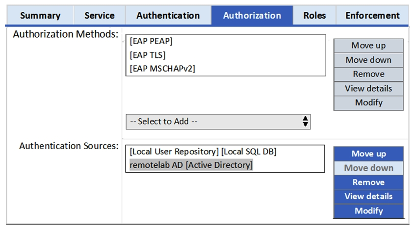 Refer to the exhibit.   Based on the Authentication sources configuration shown, which statement accurately describes the outcome if the user is not found? A)  If the user is not found in the local user repository and remotelab AD, a reject message is sent back to the NAD. B)  If the user is not found in the local user repository but is present in the remotelab AD, a reject message is sent back to the NAD. C)  If the user is not found in the local user repository, a reject message is sent back to the NAD. D)  If the user is not found in the remotelab AD but is present in the local user repository, a reject message is sent back to the NAD.
