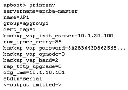 The administrator expects the AP to connect to a cluster, but the AP fails to connect. The administrator examines the configuration of an AP from apboot mode shown in the exhibit. What can the administrator determine about the configuration of the AP?   A)  The AP is configured to terminate on a Mobility Controller in a cluster. B)  The AP is configured as a RAP to terminate on a stand-alone controller. C)  The AP is configured as a RAP to terminate on a Mobility Master. D)  The AP is configured to terminate on a non-cluster Mobility Controller.