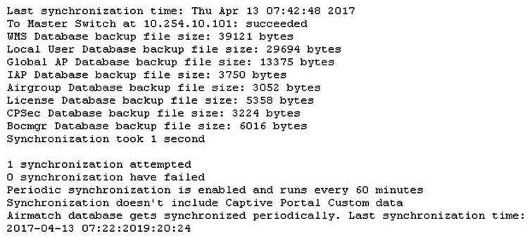 What can be determined from the command output shown below?   A)  The synchronized data is protected by VRRP. B)  The command was executed on the standby Mobility Master (MM) . C)  The synchronization period is at its default value. D)  The other Mobility Master (MM)  is the active license server.