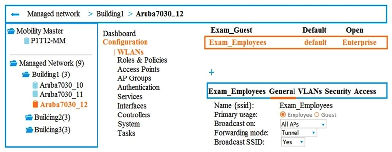 Exhibit 1   Exhibit 2   A company has an Aruba Mobility Master (MM) -based solution and needs a new WLAN for the corporate campus. A network administrator completes the creation of this WLAN, as shown in Exhibit 1. When the administrator tries to test a connection to the WLAN in various locations, the WLAN sometimes shows up in the list of WLANs on the client but sometimes does not. The administrator can see the WLAN in the list, as shown in Exhibit 2. What is the error? A)  The WLAN is configured at a lower level in the Managed Network hierarchy. B)  The configuration is not deployed to the Mobility Controller (MC) . C)  The Mobility Master (MM)  does not have an active PEFNG license. D)  The WLAN is configured as a hidden SSID.