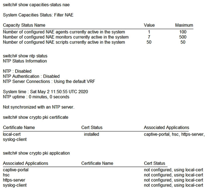 A network engineer is having a problem adding a custom-written script to an AOS-CX switch's NAE GUI. The script was written in Python and was successfully added on other AOS-CX switches. The engineer examines the following items from the CLI of the switch:   What should the engineer perform to fix this issue? A)  Install the script's signature before installing the new script B)  Ensure the engineer's desktop and the AOS-CX switch are synchronized to the same NTP server C)  Enable trust settings for the AOS-CX switch's SSL certificate D)  Remove a script that is no longer used before installing the new script