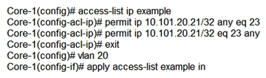 <strong>Examine the network exhibit: The ACL configuration defined on Core-1 is as follows: If telnet was being used, which device connection would be permitted and functional in both directions? (Choose two.)</strong> A) Client 3 to Client 2 B) Client 1 to Client 2 C) Server 2 to Client 2 D) Server 1 to Client 1 E) Client 1 to Client 3