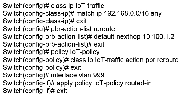 Examine the following AOS-CX configuration:   Based on this configuration, which statement is correct regarding IoT traffic? A)  If 10.100.1.2 is not reachable, the IoT traffic will be automatically dropped by the switch B)  If a specific route is not available in the routing table, the traffic will be routed to 10.100.1.2 C)  The next hop of 10.100.1.2 can be one or more hops away from the AOS-CX switch D)  All routes are ignored in the routing table for IoT traffic, which is routed to 10.100.1.2