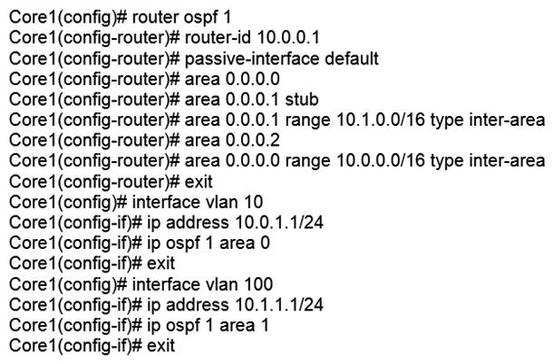 Examine the network topology.   The network is configured for OSPF with the following attributes: Core1 and Core2 and ABRs Area 1 has 20 networks in the 10.1.0.0/16 range Area 0 has 10 networks in the 10.0.0.0/16 range Area 2 has 50 networks in the 10.2.0.0/16 range The ASBR is importing a static route into Area 1 Core2 has a summary for Area 2: area 0.0.0.2 range 10.2.0.0/16 type inter-area Here is the OSPF configuration performed on Core1:   Based on the above information, what is correct? A)  Area 0 has 13 routes B)  Core1 has no OSPF routes C)  Core1 has received one LSA Type 5 from the ASBR D)  Area 1 has 23 routes