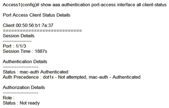 An AOS-CX switch is configured to implement downloadable user roles. Examine the AOS-CX switch output:   Based on this output, what is the state of the user's access? A)  No downloadable user role exists B)  MAC authentication has passed, but 802.1X authentication is in progress C)  The RADIUS request timed out to the AAA server D)  The port should be configured for 802.1X