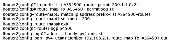 <strong>Examine the network topology. Company XYZ has two connections to a service provider (ISP1). Here is the configuration of Router1: Here is the configuration of Router2: Based on configuration of Router1 and Router2, which BGP metric is being manipulated?</strong> A) Weight B) Multiple exit discriminator C) Local preference D) AS path length