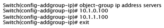 Examine the following AOS-CX switch configuration:   Which access control entries would allow web traffic to the web servers 10.1.0.100 and 10.1.1.100? A)  permit tcp servers eq 80 B)  permit tcp any 10.1.0.100 0.0.1.0 eq 80 C)  permit tcp any 10.1.0.100/10.1.1.100 eq 80 D)  permit tcp any 10.1.0.100/255.255.254.255 eq 80