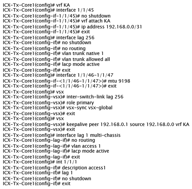 Examine the VSX-related configuration of the core layer AOS-CX switch:   A network administrator is troubleshooting a connectivity issue involving the VSX LAG (link aggregation)  between the core and access layer switch, during HW replacement of one of the core switches. Which configuration should the administrator add to the core switch to fix this issue? A)  ICX-Tx-Core1(config) # vsx ICX-Tx-Core1(config-vsx) # system-mac 02:01:00:00:01:00 B)  ICX-Tx-Core1(config) # interface lag 1 multi-chassis ICX-Tx-Core1(config-if-lag-if) # mtu 9198 C)  ICX-Tx-Core1(config) # interface 1/1/46-1/1/47 ICX-Tx-Core1(config-if-vlan) # active-gateway ip 10.1.11.1 mac 02:02:00:00:01:00 D)  ICX-Tx-Core1(config) # interface 1/1/45 ICX-Tx-Core1(config-if-vlan) # active-gateway ip 192.168.0.0 mac 02:02:00:00:01:00