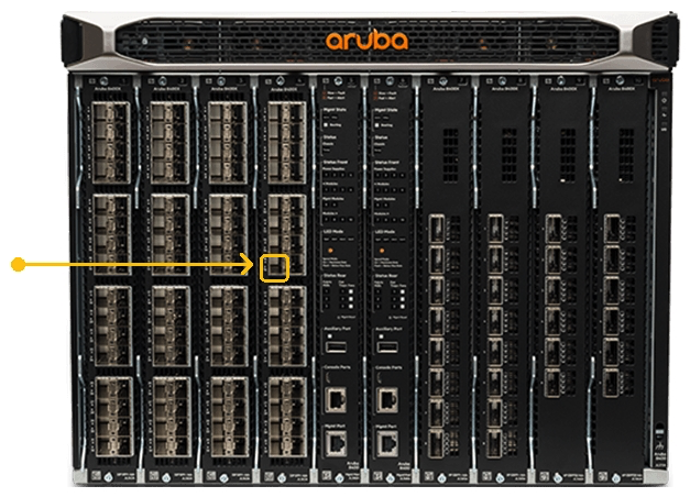 <strong>Refer to the exhibit.   The Aruba 8400 in the exhibit is member 2 of a VSX stack. Which command will enter the interface sub configuration mode for the port, indicated by the orange square?</strong> A) 8400(config)# interface 2/4/15 B) 8400(config)# interface 1/7/16 C) 8400(config)# interface 1/4/15 D) 8400(config)# interface 2/3/17 <div style=padding-top: 35px> 