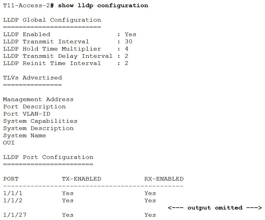 Refer to the exhibit.   What configuration is needed in order for  show LLDP configuration  to show this output? A)  none; LLDP is enabled by default on Aruba switches B)  configuring LLDP both globally and on the interfaces C)  enabling LLDP on the interfaces only D)  configuring LLDP globally only
