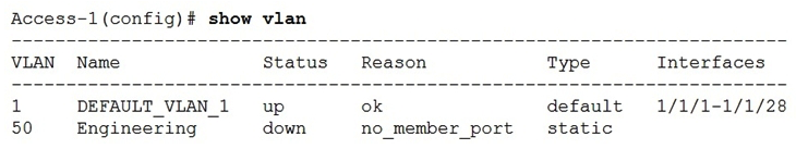Refer to the exhibit   What is true regarding VLAN 50 according to the diagram above? A)  VLAN 50 is part of a switched virtual interface (SVI)  that was never routed causing it to be down. B)  Since VLAN 50 has not been assigned to any enabled physical port, the status is down. C)  VLAN 50 is assigned only to Trunk ports which is why no ports are listed under interfaces. D)  VLAN 50 was never added to the vlan-database and therefore is in a down state.