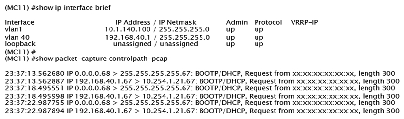 <strong>Refer to the exhibits. Exhibit 1   Exhibit 2   Exhibit 3   A network administrator wants to allow contractors to access the corporate WLAN named EmployeesNet with the contractor role in VLAN 40. When users connect, they do not seem to get an IP address. After some verification checks, the network administrator confirms the DHCP server (10.254.1.21) is reachable from the Mobility Controller (MC) and obtains the outputs shown in the exhibits. What should the network administrator do next to troubleshoot this problem?</strong> A) Permit UDP67 to the contractor role. B) Remove the IP address in VLAN 40. C) Configure the DHCP helper address. D) Confirm there is an IP pool for VLAN 40. <div style=padding-top: 35px> 