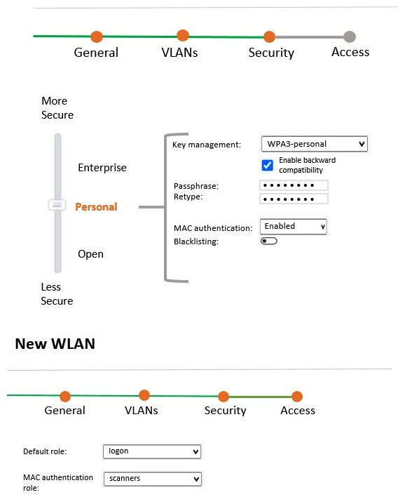 <strong>Refer to the exhibit:   A company acquires ten barcode scanners to run inventory tasks. These WiFi devices support WPA2-PSK security only. The network administrator deploys a WLAN named scanners using the configuration shown in the exhibit. What must the network administrator do next to ensure that the scanner devices successfully connect to their SSID?</strong> A) Set internal as the MAC authentication server group. B) Add scanner MAC addresses in user derivation rules. C) Enable L2 Authentication Fail Through. D) Add scanner MAC addresses in the internal database. <div style=padding-top: 35px> 
