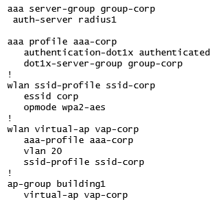 A fully functional WLAN is deployed in a campus network using the following script.   Which part of the script can a network administrator re-use to assign a different default role to users when they connect to the same SSID in a second building? A)  server group and ssid profile B)  server group and VAP profile C)  server group, aaa profile, and ssid profile D)  server group and VAP