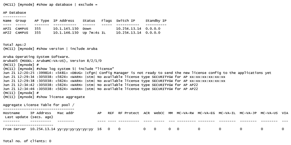 Refer to the exhibit   A network administrator deploys a standalone Mobility Controller (MC)  and configures some VAPs within the CAMPUS AP group. The network administrator realizes that none of the VAPs are being broadcasted. Based on the output shown in the exhibit, what should the network administrator do to solve this problem? A)  Install MC-VA licenses, then install PEF licenses and enabled the PEF feature. B)  Install MC-VA licenses, then reprovision the APs. C)  Install MM licenses, then install PEF licenses and enable the PEF feature. D)  Install MM licenses and install MC-VA licenses, then install RFP licenses.