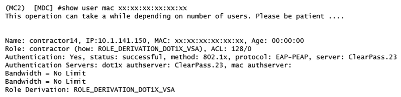 Refer to the exhibit.   A network administrator is evaluating a deployment to validate that a user is assigned the proper role and reviews the output in the exhibit. How is the role assigned to user? A)  The MC assigned the role based on Aruba VSAs. B)  The MC assigned the machine authentication default user role. C)  The MC assigned the default role based on the authentication method. D)  The MC assigned the role based on server derivation rules.
