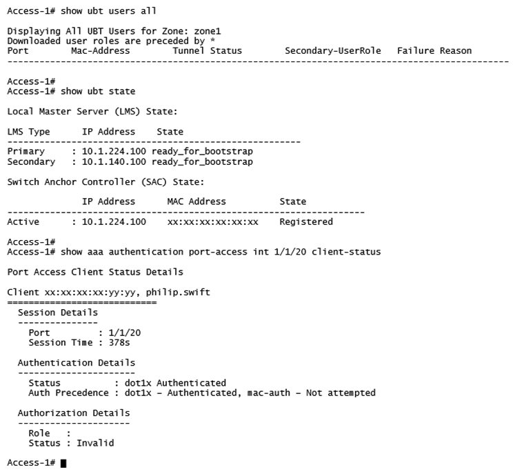 Refer to the exhibits.     A network administrator deploys User Based Tunneling (UBT)  in a corporate network to unify the security policies enforcement. When users authenticate with 802.1X, ClearPass shows Accept results, and sends the Aruba-User-Role attribute as expected. However, the AOS-CX based switch does not seem to build the tunnel to the Mobility Controller (MC)  for this user. Why does the switch fail to run UBT for the user? A)  The switch has not fully associated to the MC. B)  ClearPass is sending the wrong Vendor ID. C)  The switch is not configured with the gateway-role. D)  ClearPass is sending the wrong VSA type. E)  The switch is not configured with the port-access role.