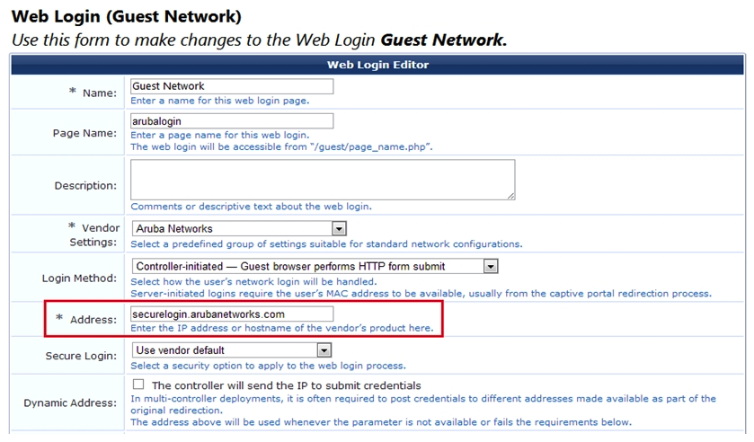 Refer to the exhibit.   Where will the guests browser be redirected during a captive portal login attempt? A)  The redirect will time out and fail to resolve. B)  The captive portal page hosted on Aruba Central in the cloud. C)  The captive portal page hosted on the Aruba controller. D)  The captive portal page hosted on ClearPass.