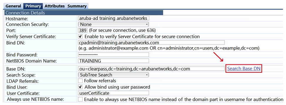 Refer to the exhibit.   What does Search Base Dn do when joining an Active Directory domain? (Choose two.)  A)  validates the connection details entered in the Connection Details B)  searches for the Base DN (Distinguished Name)  based on what was typed in the field C)  sets the starting point in the directory tree for the Base DN (Distinguished Name)  search D)  updates the Base DN (Distinguished Name)  in Active Directory if no match is found E)  runs an Active Directory query that returns all results along with any matching the entered Base DN (Distinguished Name) 