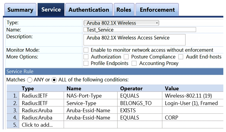 Refer to the exhibit.   Which user authentication request will match the service rules of the Policy Service shown? A)  a wireless user connection would fail because of miss-configured service rules B)  a wireless user connected to any SSID named  CORP  C)  a wireless user connecting to any SSID on an Aruba Controller D)  a wireless user connecting to an Aruba IAP on the SSID  CORP 