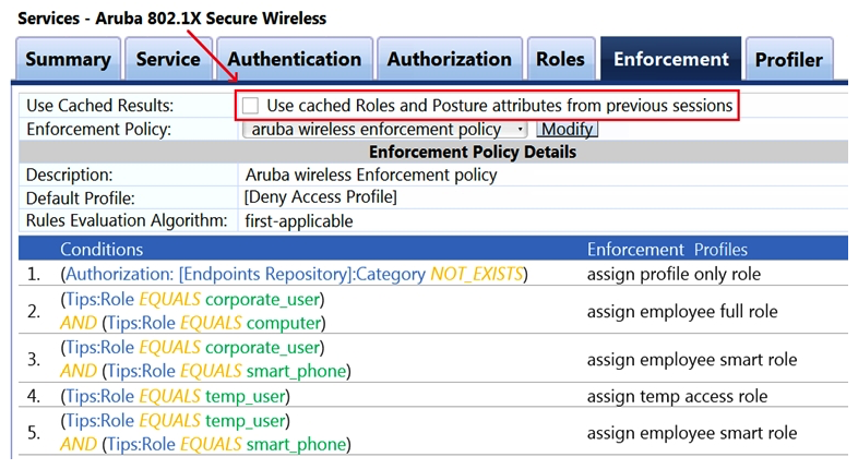 Refer to the exhibit.   What is true regarding leaving the indicated option  Use cached Roles and Posture attributes from previous sessions  unchecked? A)  A posture change applied to an endpoint is going to be lost each time the client re-authenticates. B)  The service will make the enforcement decision based upon the updated Posture regardless of caching. C)  Posturing will no longer be evaluated in determining the enforcement policy for current or future sessions. D)  Cached posture results are no longer stored by ClearPass but instead are saved to the endpoint of the client.