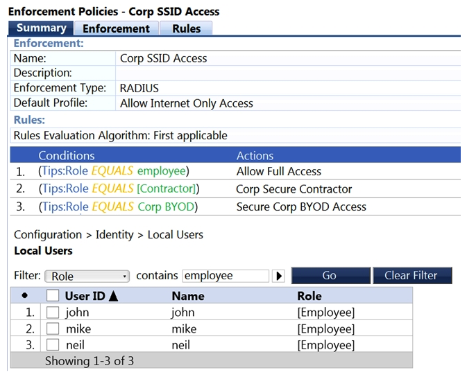 <strong>Refer to the exhibit.   What will be the enforcement for the user neil?</strong> A) Allow Full Access B) Secure Corp BYOD Access C) Allow Internet Only Access D) Corp Secure Contractor <div style=padding-top: 35px> 