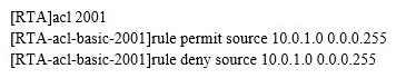   Refer to the configuration output. Which of the following statements regarding ACL 2001 is correct? A)  Packets from network 10.0.1.0/24 network will be denied. B)  Packets from network 10.0.1.0/24 network will be permitted. C)  Packets destined for network 10.0.1.0/24 will be denied. D)  Packets destined for network 10.0.1.0/24 will be permitted.