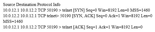   Refer to the capture output. The administrator has captured three packets in the network. Which statement regarding the captured packets is incorrect? A)  This packets represent a TCP three-way handshake process. B)  10.0.12.1 is the telnet server, while 10.0.12.2 is the telnet client. C)  The three packets contain no application data. D)  10.0.12.1 uses port 50190 to buid the telnet connection.