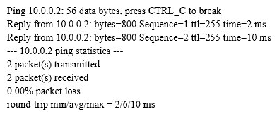   A network administrator uses the ping command to test connectivity to the destination 10.0.0.2 on a Huawei AR series router. Which statement regarding the output is correct? A)  The network administrator used the command ping -c 2 -s 800 10.0.0.2 B)  The network administrator used the command ping -a 2 -v 800 10.0.0.2 C)  The path between the source and destination is not OK. D)  The network administrator changed the default TTL value.