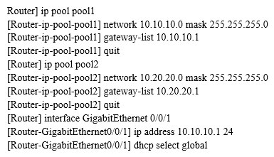   Refer to the configuration output. Following configuration, a host is connected to the interface Gigabit Ethernet 0/0/1 of the router. Which IP address will the client obtain?   A)  An IP address from network 10.10.10.0/24 will be assigned. B)  An IP address from network 10.20.20.0/24 will be assigned. C)  The host will be unable to obtain an IP address. D)  An IP address may be assigned from either 10.10.10.0/24 or 10.20.20.0/24.