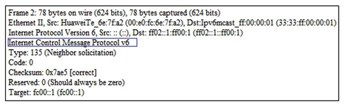 An IPv6 device with the address of FC00::1 connects to the network and captures the following data packet. What is function of the data packet?   A)  There are multiple routers on the network segment. One router advertises router redirect messages to the IPv6 device. B)  The router on this network segment tests the working status of the IPv6 device C)  The IPv6 device implements self-loop tests D)  Another device on this network segment requests to resolve the Layer 2 address of the IPv6 device E)  The IPv6 device requests the address of the egress router F)  The IPv6 device checks address configuration of other devices on the network
