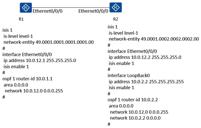 The configurations of two routers in a company are shown. Which of the following statements regarding the routing table of R1 is true?   A)  The IP routing entries whose destination network segment is 10.0.2.2/32 on R1 can be generated through OSPF only when the IS-IS preference of R2 is changed to 5 B)  If the IS-IS preference of R1 is changed of R1 is changed to 5, the IP routing entries whose destination network segment is 10.0.2.2/32 on R1 are generated through OSPF C)  If the IS-IS preference of R1 is changed to 5, the IP routing entries whose destination network segment is 10.0.2.2/32 on R1 are generated through IS-IS D)  If the IS-IS preference of R2 is changed to 5, the IP routing entries whose destination network segment is 10.0.2.2/32 on R1 are generated through IS-IS
