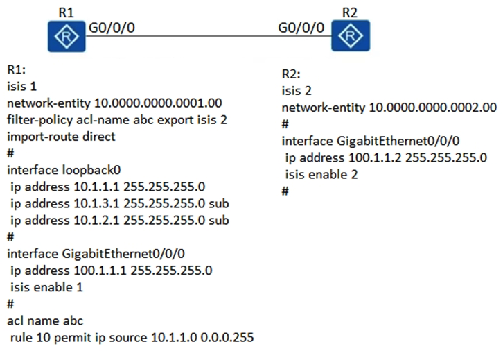 Based on the scenario shown, which statement about R2 is true?   A)  R2 can receive LSPs from R1, but cannot add the routing information in the LSPs to the routing table B)  R2 can learn all routes advertised by R1 C)  R2 can learn only the route 10.1.1.0/24 D)  R2 can learn the routes 10.1.2.0/24 and 10.1.3.0/24