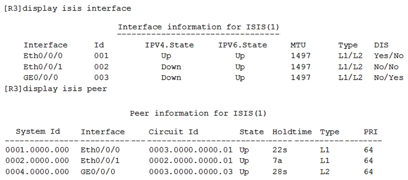 The router data is as follows. Which of the following statements is true?   A)  IS-IS IPv4 and IS-IS IPv6 are enabled on Eth0/0/1 of R3. B)  Ge0/0/0 of R3 and neighbor routers are in different areas. C)  R3 is the Level-1 DIS and Level-2 DIS for the link where Eth0/0/0 resides. D)  The circuit-level of Eth0/0/0/1 on R3 is Level-1-2.