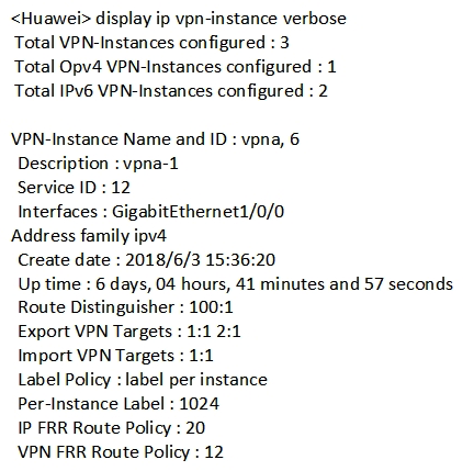 The output of the display in vpn-instance verbose command for displaying detailed information about all VPN instances on a network device is as follows. Which of the following statements are false?   A)  The device assigns a label to each route of the VPN instance vpna. B)  GigabitEthernet1/0/0 is bound to the VPN instance vpna. C)  The total number of locally configured VPN instances for which IPv6 address families are enabled is 1. D)  The VPN instance vpna does not receive VPN routes with RT being 2:1.