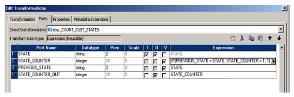 In the Expression transformation graphic below, what is the value of the PREVIOUS_STATE port for row 2, given that the value for the STATE port was 'CA' for row 1?   A)  STATE B)  'CA' C)  NULL D)  Value of the PREVI0US_STATE port is based upon its declared default value