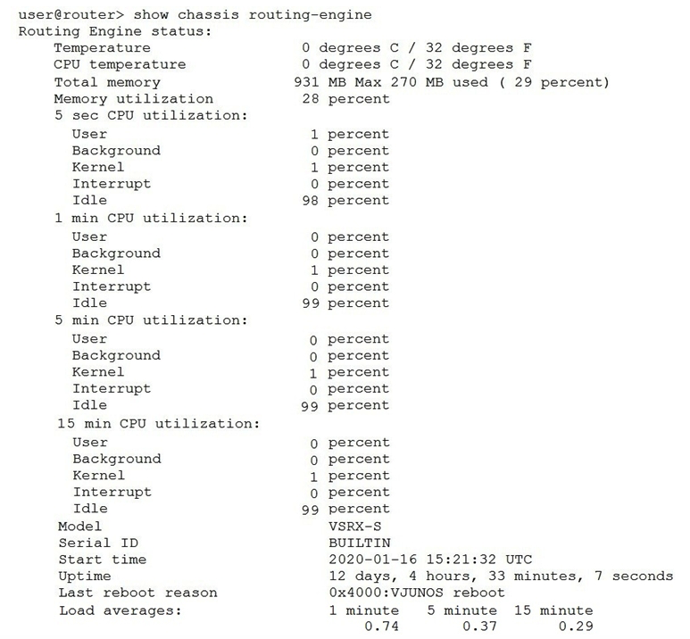   Referring to the exhibit, which two statements are correct? (Choose two.)  A)  The memory utilization is 28%. B)  The memory utilization is 72%. C)  The 15 minute CPU load average is 99%. D)  The CPU kernel utilization is 1%.