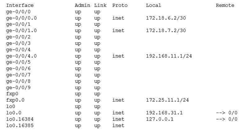   Which command produced the output shown in the exhibit? A)  show interfaces filters B)  show interfaces terse C)  show interfaces summary D)  show interfaces extensive