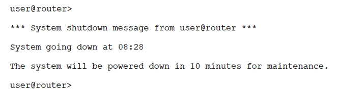   While working on a Junos device, you receive the message shown in the exhibit. In this scenario, what should you do to stop the shutdown process? A)  Issue the request system power-off in 0 command. Issue the request system power-off in 0 command. B)  Issue the clear system commit command. clear system commit C)  Issue the request system halt in 0 command. request system halt in 0 D)  Issue the clear system reboot command. clear system reboot
