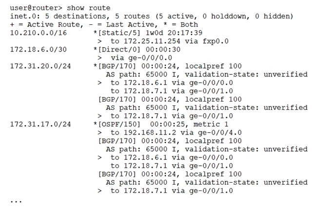   You notice traffic destined to 172.31.17.0/24 is traversing an OSPF path rather than a BGP path. Referring to the exhibit, what is causing this behavior? A)  The 172.31.17.0/24 BGP route has a higher route preference. B)  The 172.31.17.0/24 route does not have a valid BGP entry. C)  The 172.31.17.0/24 BGP route is missing a valid default next hop. D)  The 172.31.17.0/24 BGP route's outgoing interface is down.