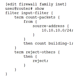   Referring to the exhibit, which statement is correct when traffic is received from 10.10.10.4? A)  The traffic is counted and rejected. B)  The traffic is only accepted. C)  The traffic is counted and accepted. D)  The traffic is only rejected.
