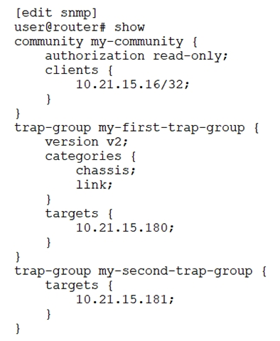   Referring to the exhibit, which statement is true? A)  Traps are sent to 10.21.15.180. B)  Traps are allowed from 10.21.15.180. C)  Traps are sent to 10.21.15.16. D)  Traps are allowed from 10.21.15.16.