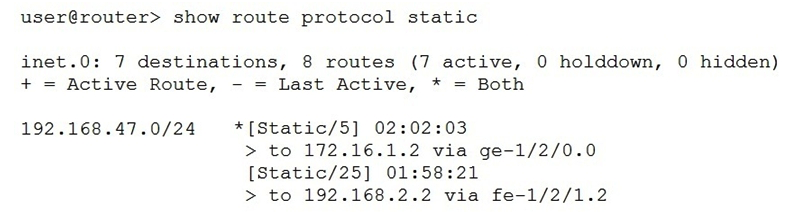   Referring to the exhibit, what information is provided about the route to 192.168.47.0/24? (Choose two.)  A)  There are two active routes to 192.168.47.0/24. B)  There is a single active route to 192.168.47.0/24. C)  There are two next hops available to 192.168.47.0/24. D)  There is a single next hop available to 192.168.47.0/24.