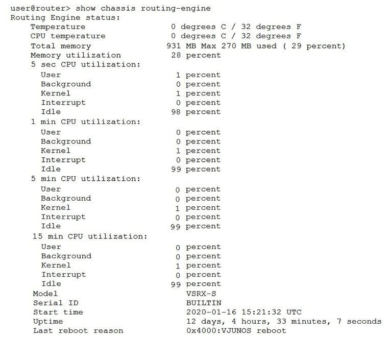   Referring to the exhibit, which two statements are correct? (Choose two.)  A)  The memory utilization is 28%. B)  The memory utilization is 72%. C)  The 15 minute CPU load average is 99%. D)  The CPU kernel utilization is 1%.